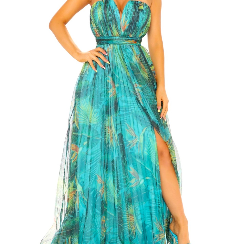 Beautiful green/blue strapless dress w/ high split